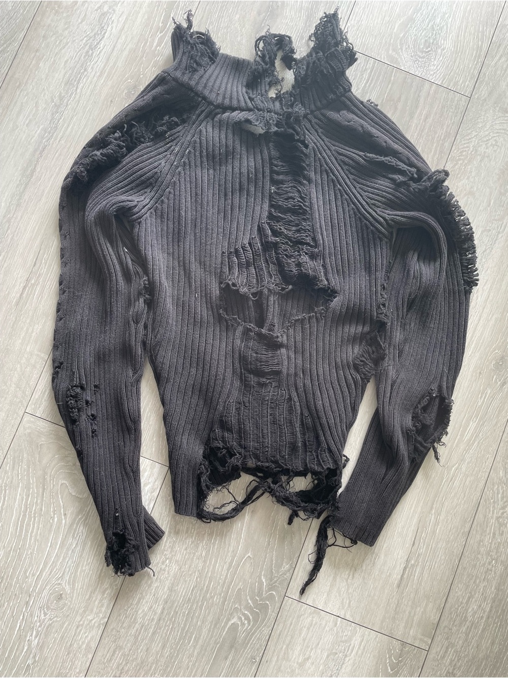 Black Distressed Rib-Knit Zip Sweater - Picture 2 of 2